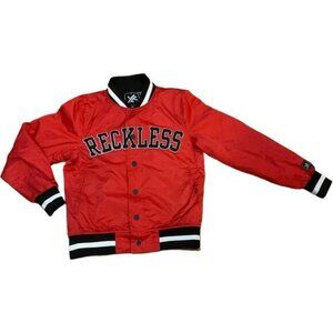 Young & Reckless Red Bomber Jacket Size S Snap-Button Closure Black & White Stri